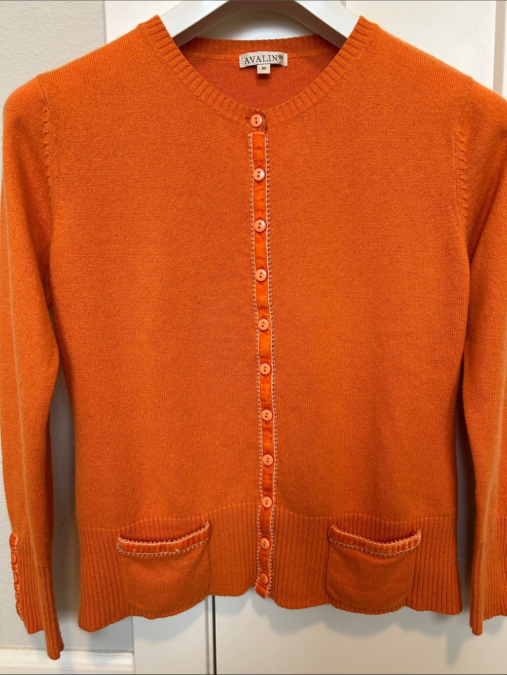 Avaline Orange Button-Front Crewneck Cardigan 25% Cashmere and 75% Silk